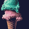 Pixelated ice cream cone with two scoops, teal on top and pink below, on a dark background.