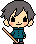 Pixel art contact sheet of four animated frames showing a chibi character with gray hair, teal outfit, and wooden stick in various poses and expressions against a gray background.