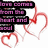 Pixelated text blocks in purple and black with two red heart outlines on a white background.