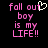 Pixelated text reads "fall out boy is my LIFE!!" with a white heart symbol replacing the 'o' in 'out', displayed on black background.