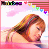 Animated icon shows a woman with long multicolored hair lying down, eyes closed, against a pink and white background with 'Rainbow' text and heart symbols.