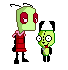 Pixel art of two green cartoon characters in red outfits, one larger with antennae and the other smaller with black ears, shown in various poses including standing together, walking side-by-side, and close-up expressions.