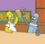 Pixelated cartoon scene featuring two characters in a room with purple walls, green and orange patterned wallpaper, brown furniture, and an orange curtain.