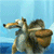 Animated sequence of a cartoon dog with large eyes and brown fur, showing facial expressions and a shark mouth in the background.