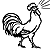 Pixelated black-and-white rooster icon with stylized comb, tail feathers, and legs in a walking pose against white background.