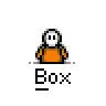 Animated contact sheet of 18 pixel art frames showing a cartoon character in an orange shirt with white head and hands, performing various actions including holding objects and displaying speech bubbles.