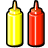 Static pixel art of two condiment bottles side-by-side on a transparent background, one yellow mustard bottle and one red ketchup bottle with rounded tops and narrow spouts.