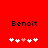 Red background with black text 'Benoit' above five white and pink heart icons, where the third heart changes from white to pink between frames.