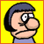 Pixelated cartoon character with dark blue hair and purple shirt displays three distinct facial expressions against yellow background.