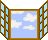 Pixelated scene icon showing three of a window with blue sky, clouds, and lightning over water in sequential animation frames