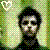Pixelated static image of a person with dark hair and light skin against a green-yellow gradient background, featuring a heart-shaped icon in the top-left corner.