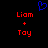 Blue pixelated heart symbol above red text reading 'Liam' and 'Toy' with a plus sign between them on black background.