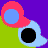 Animated composition of overlapping rounded shapes in bright colors against a segmented background with purple, green, red, and gray sections.