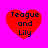 Four red heart shapes on a bright pink background, each containing the text "Teague and Lily" in dark pixelated font.