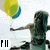 A pixelated figure holding a yellow and blue balloon, with text fragments appearing sequentially across frames.