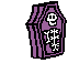 Purple coffin-shaped icon with white skull and crossbones, red eyes on side view, black bat wings, and visible text.