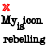 Red X symbol above black pixelated text reading 'My Icon' and 'rebellling' on white background.