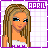 Pixel art of a female character with long blonde hair, blue eyes, and a white top against a purple background with 'APRIL' text