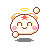 Pixel art contact sheet of 8 animated frames showing a round beige character with pink cheeks, orange ears, red star on forehead, yellow halo, and floating brown orbs or hearts in various poses.