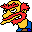 Pixelated cartoon character with yellow hair and red facial features in two side-by-side poses against gray background.