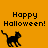 Pixelated black cat walks left on orange background with "Happy Halloween!" text above; gray appears in bottom-right corner of later frames