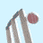 Pixelated figure with red circular head and gray limbs, first standing above a gray platform then falling onto it against light blue background with "Owzat!" text.