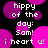 Pixelated text and pink circles on black background, repeating 'hippy of the day: Sam!' and 'i heart u!' in white font.