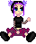 Pixel art character with purple hair and blue eyes, wearing black top and dark pink skirt, seated in two poses against gray background.