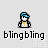 Pixel art buddy icon with a character wearing a blue cap and gold chain, displaying text bubbles and repeated 'bling bling' text below.