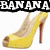 Yellow high-heeled shoes with red soles and brown accents, positioned beneath a black banner reading 'BANANA SHOES' in white pixelated text.