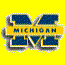 six identical Michigan 'M' logos with yellow text bars, each on a different solid background color