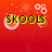 Red background with white circular patterns and yellow-green text reading 'SKOOLS' in top-left, changing to 'OUT...' then 'SUMMA 08' across frames.