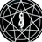 A circular black-and-white pixelated icon with a white geometric pattern resembling a stylized letter 'D' at its center, surrounded by intersecting lines forming a grid-like design.