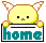 Pixelated yellow character with brown outline and white wings holds a sign reading 'home' in teal letters.