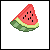 Pixelated watermelon slice with red flesh, black seeds, green rind, and light green inner rind on white background.