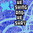 Pixelated blue and light-blue patterned background with repeated star shapes, overlaid text reading "HE SWING AND HE SHAY" in black block letters with purple highlights on individual words.