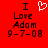 Red background with black text reading "I Love Adam 9-7-08" and a white pixelated heart symbol above the word "Love", displayed in two identical side-by-side