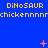 Blue background with yellow text repeating 'DINOSAUR' and 'chickennnnn' in three , pink star-like shapes scattered across the image