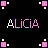Pixelated text 'ALICIA' in pink and white appears repeatedly on a black background with scattered pink and white square patterns.