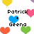 Pixelated image with text 'Patrick' above a blue heart and 'Geno' below it, surrounded by colored hearts on white background.