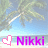 Pixelated beach scene with palm trees and blue sky, featuring pink heart icon and purple "Nikki" text that changes from white to pink.