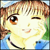 Anime-style character with brown hair and blue top, hand under chin in a thoughtful pose.