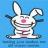 Pixelated white rabbit with pink nose and belly, arms outstretched on blue background.