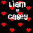 Pixelated text 'Liam & Carey' with red hearts on black background, animated heart and text flicker.