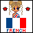 Pixel art animation of a cartoon woman with blonde pigtails and blue eyes standing behind the French flag, with star symbols changing color across frames.
