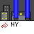 Pixelated cityscape with blue smokestacks, gray buildings, and red 'NY' text on a light gray background featuring two dark gray towers and the date 9-11-01.