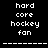 Pixelated text with 'hard core hockey fan' repeated across three and , each cycling through red highlight on first, second, or third word