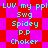 Static pixel art displays cyan text on red and magenta checkered background with repeated phrases.