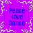 Purple background with white pixelated snowflake border and four identical blue text blocks reading Peace Love Dance.