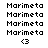 Pixelated text 'Marimeta' repeated in a with orange highlight changes and '<3' symbols below, animated across frames